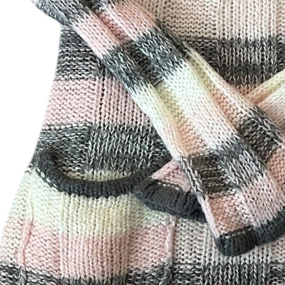 Vintage Striped Fuzzy Sweater Gray Pink White V Neck Pockets Y2K Soft Cozy L - Picture 5 of 5